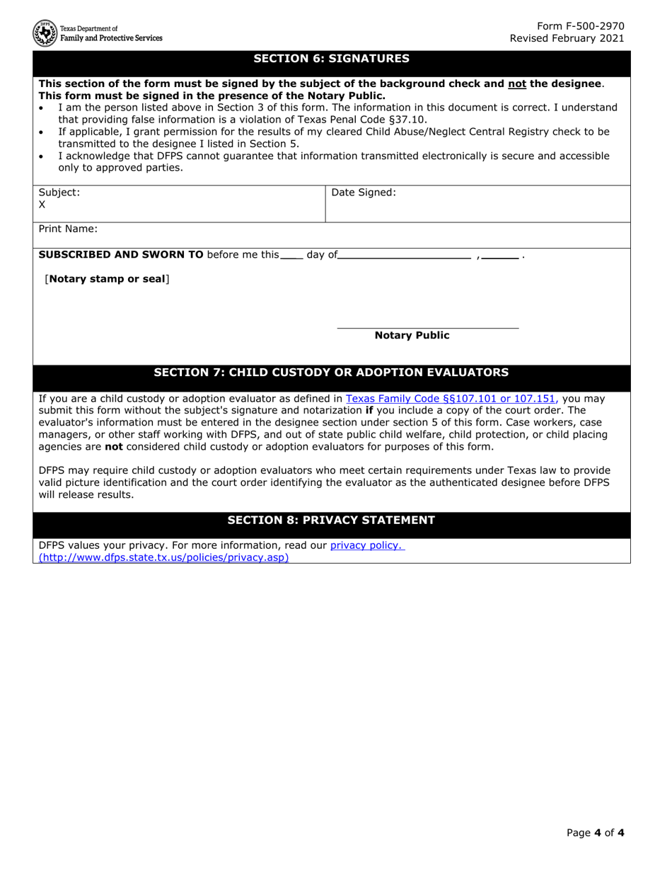 Form F-500-2970 Request for Texas Child Abuse / Neglect Central Registry - Texas, Page 4