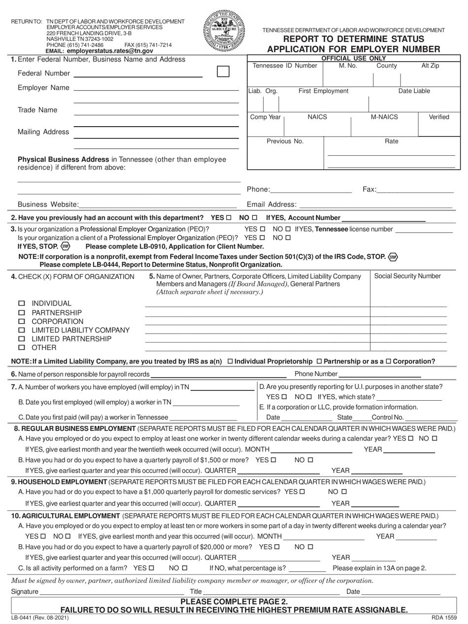 Form LB-0441 Report to Determine Status Application for Employer Number - Tennessee, Page 1