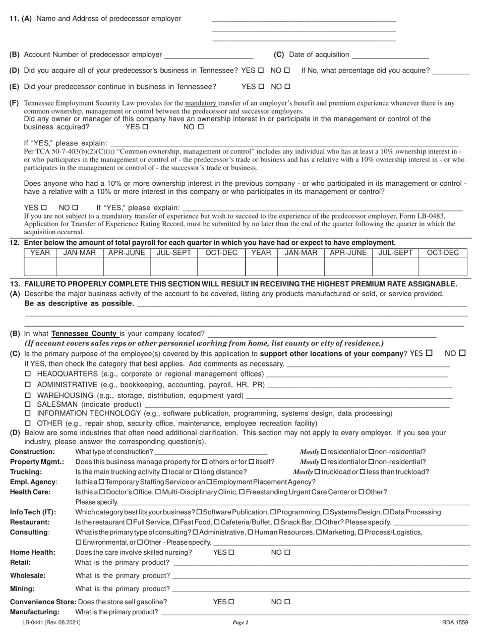 Form LB-0441 Report to Determine Status Application for Employer Number - Tennessee, Page 2