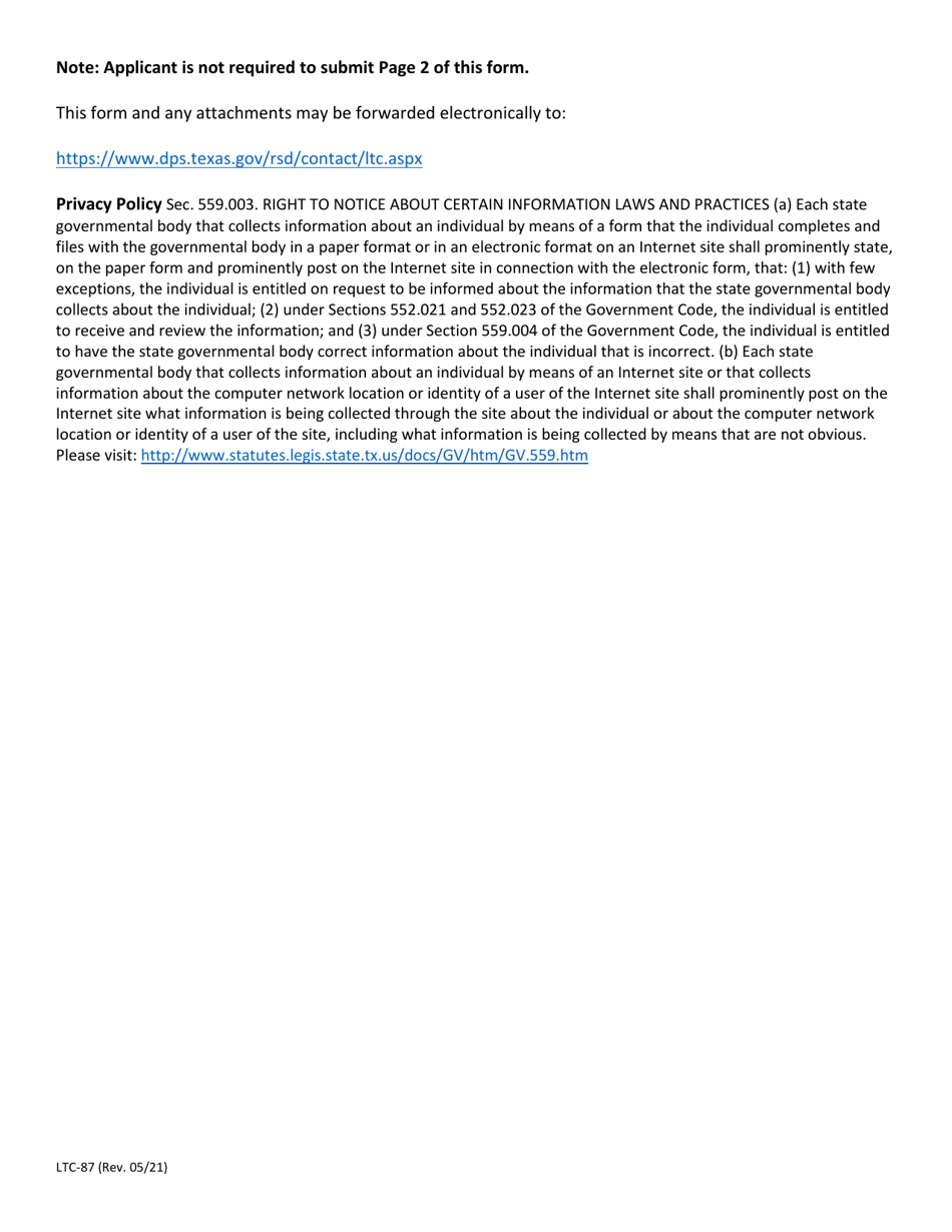 Form LTC-87 Affidavit on Military Service for Purposes of Texas Government Code 411.1951 - Texas, Page 2