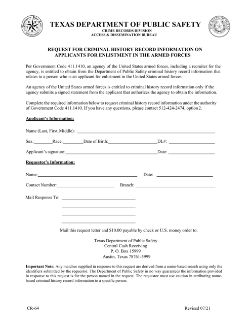 Form CR-64 Request for Criminal History Record Information on Applicants for Enlistment in the Armed Forces - Texas