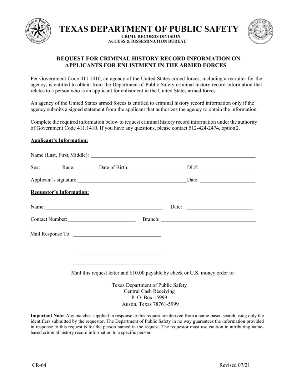 Form CR-64 Request for Criminal History Record Information on Applicants for Enlistment in the Armed Forces - Texas, Page 1