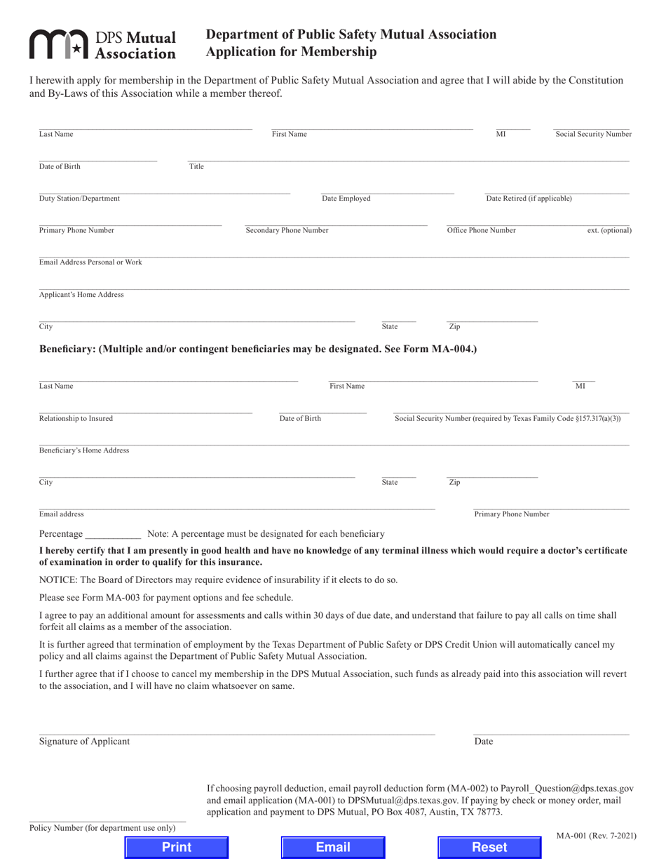 Form MA-001 Download Fillable PDF or Fill Online Mutual Association ...