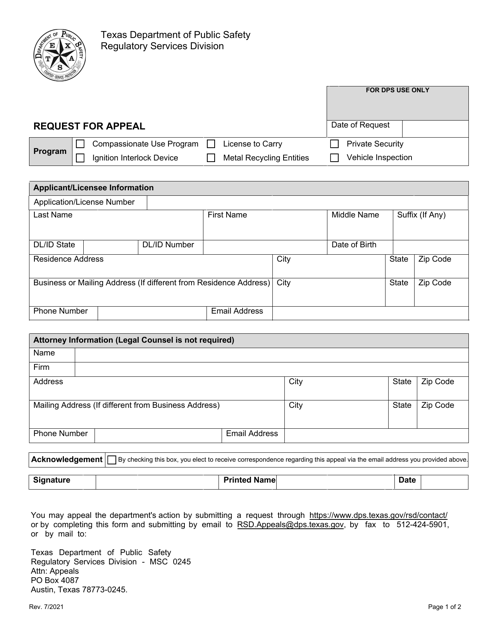 Form RSD-30 Request for Appeal - Texas