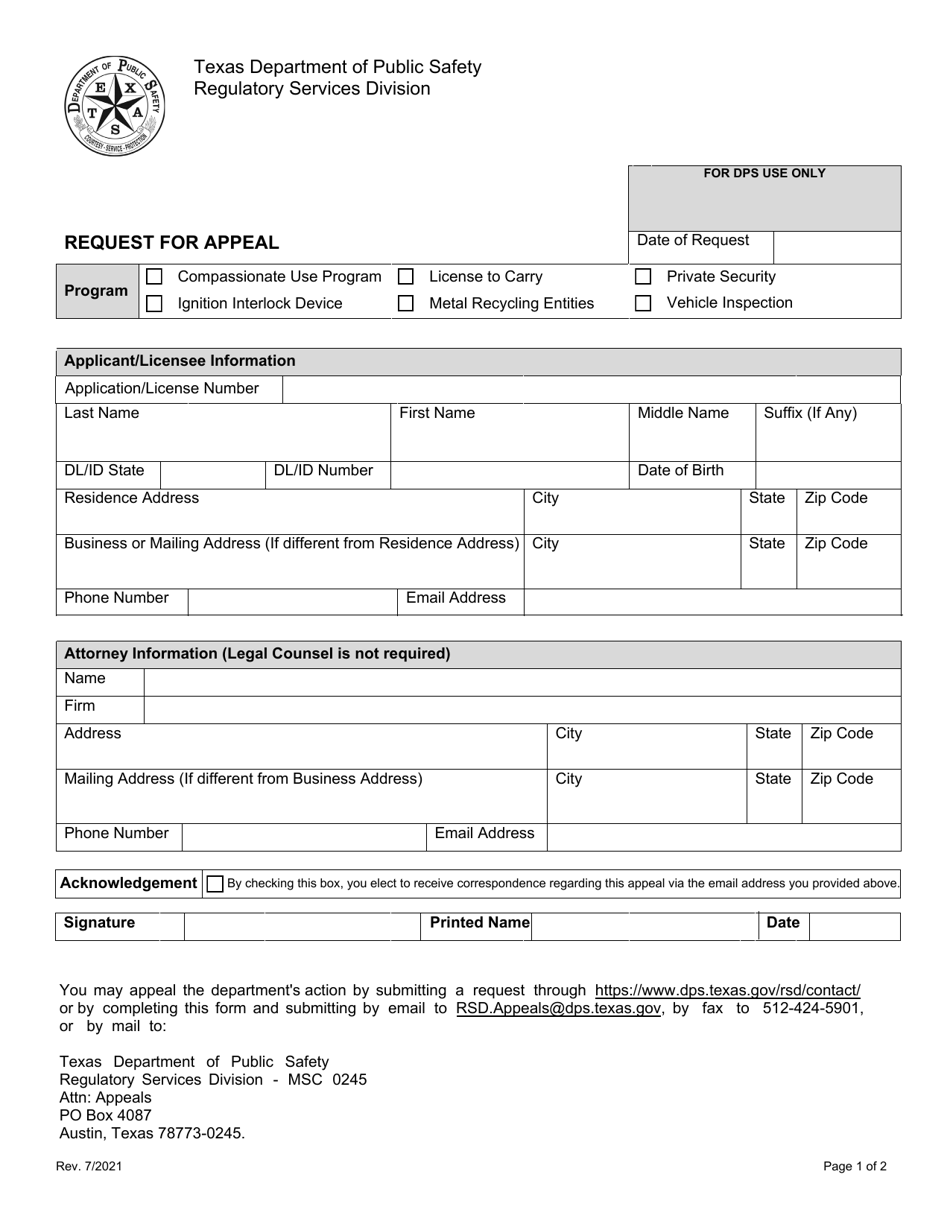 Form RSD-30 Request for Appeal - Texas, Page 1