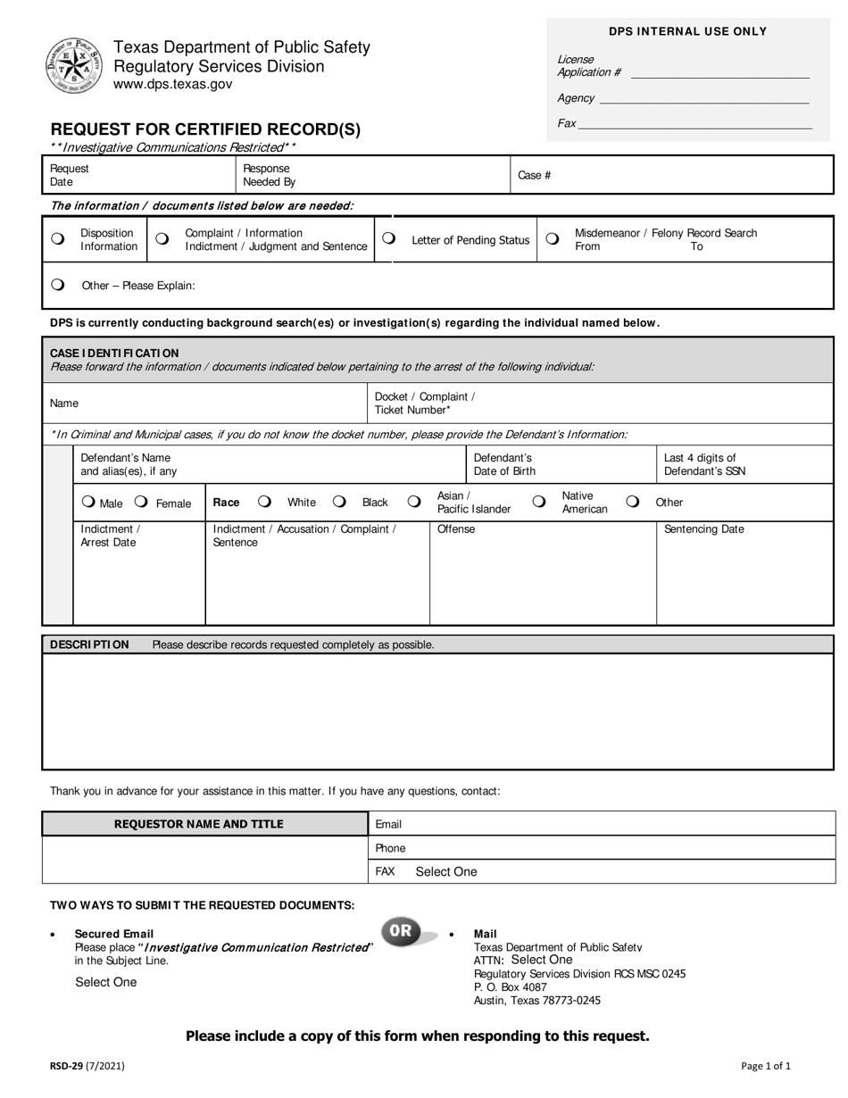Form RSD-29 Request for Certified Record(S) - Texas, Page 1