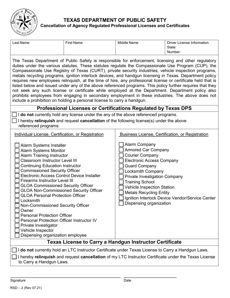 Form RSD-2 Cancellation of Agency Regulated Professional Licenses and Certificates - Texas, Page 1