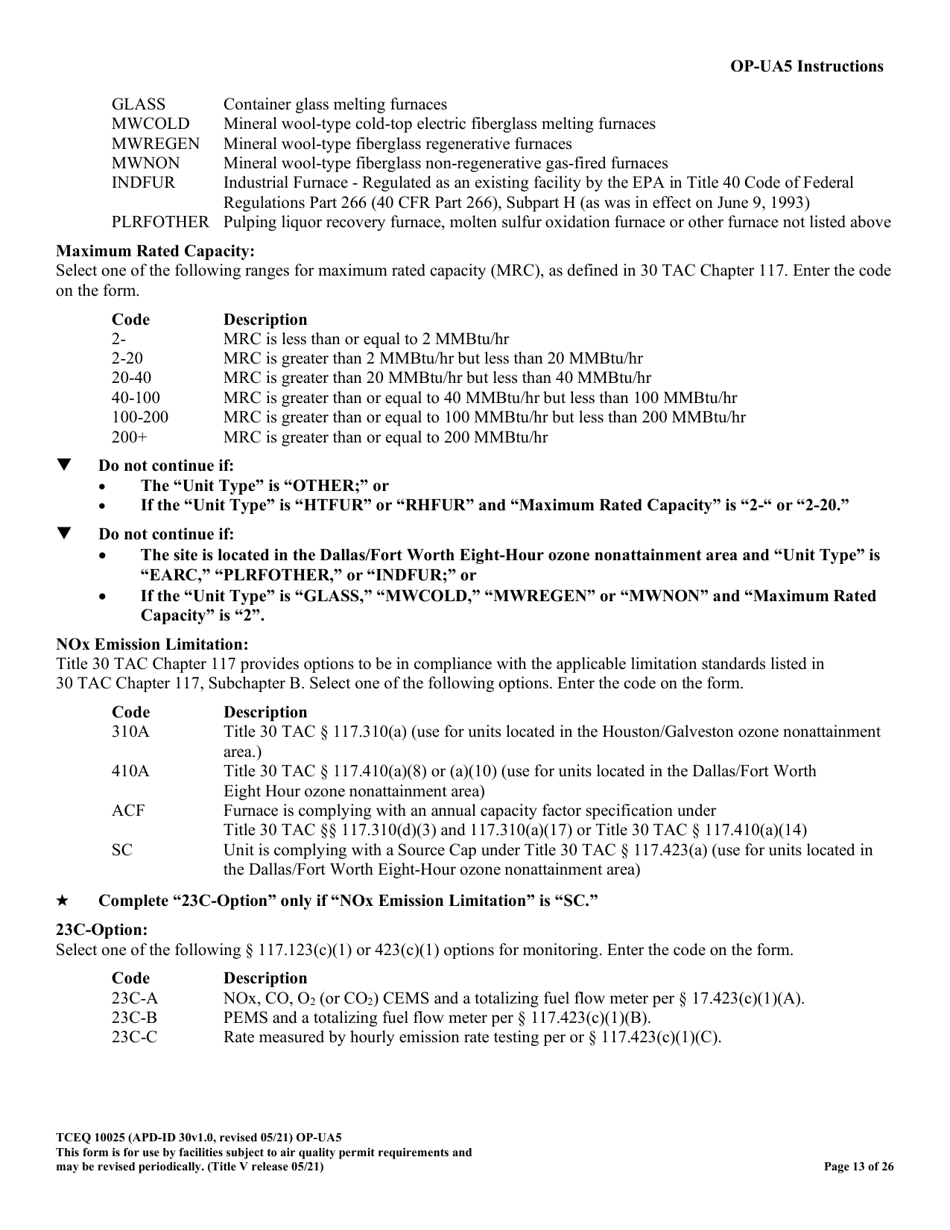 Form TCEQ-10025 (OP-UA5) Process Heater / Furnace Attributes - Texas, Page 13