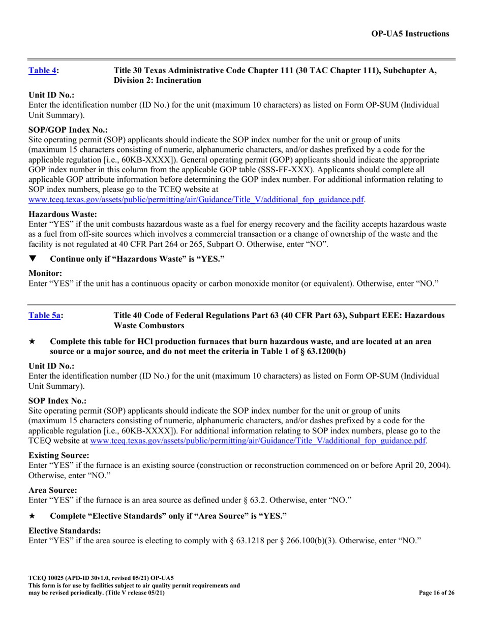 Form TCEQ-10025 (OP-UA5) Process Heater / Furnace Attributes - Texas, Page 16