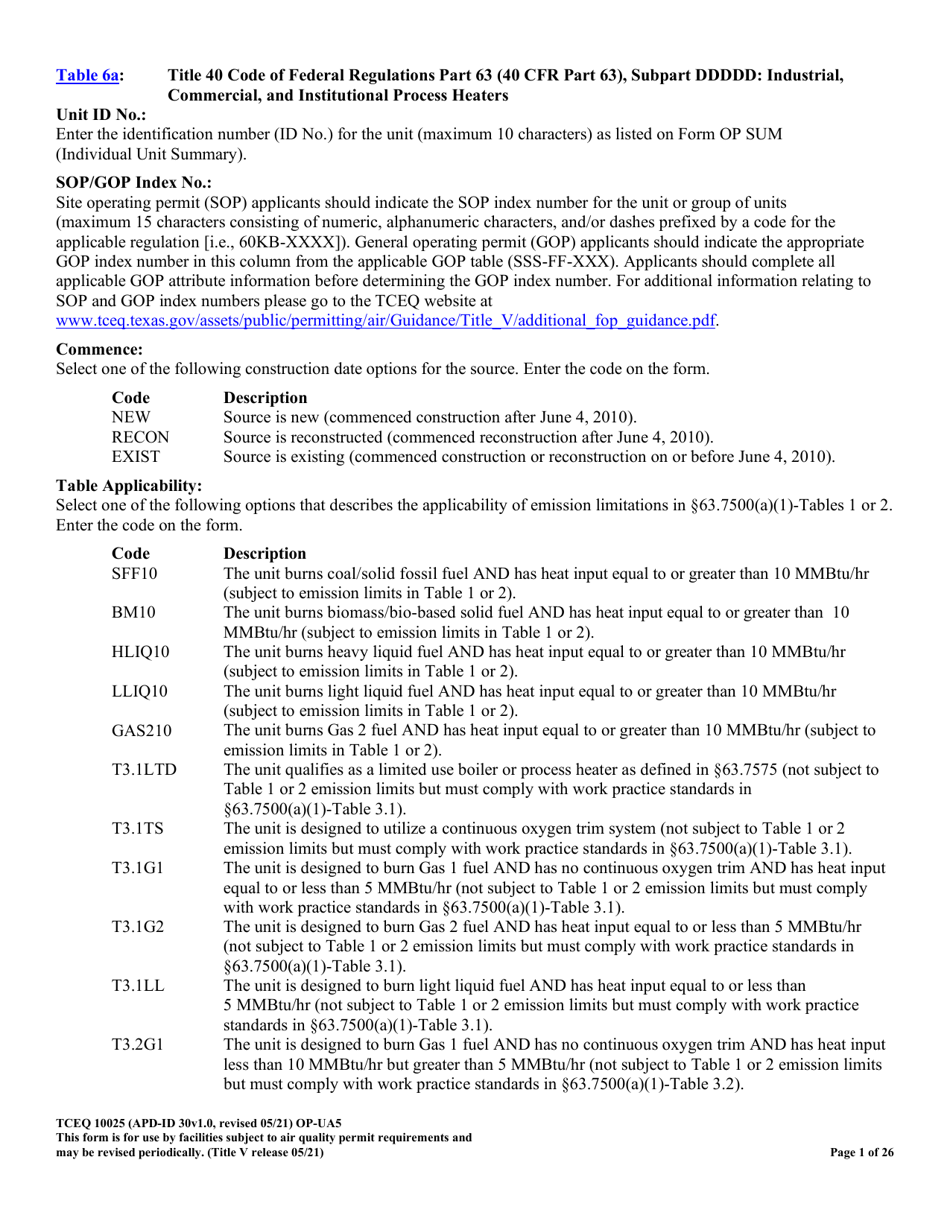 Form TCEQ-10025 (OP-UA5) Process Heater / Furnace Attributes - Texas, Page 18