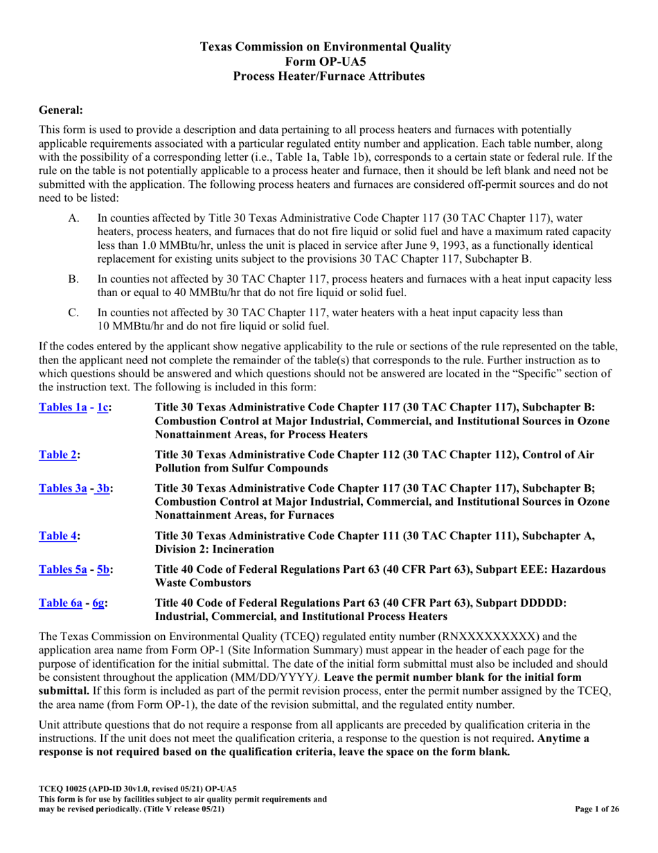Form TCEQ-10025 (OP-UA5) Process Heater / Furnace Attributes - Texas, Page 1