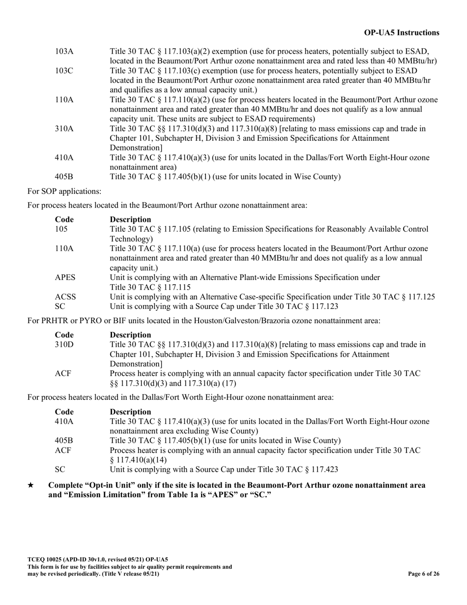 Form TCEQ-10025 (OP-UA5) Process Heater / Furnace Attributes - Texas, Page 6