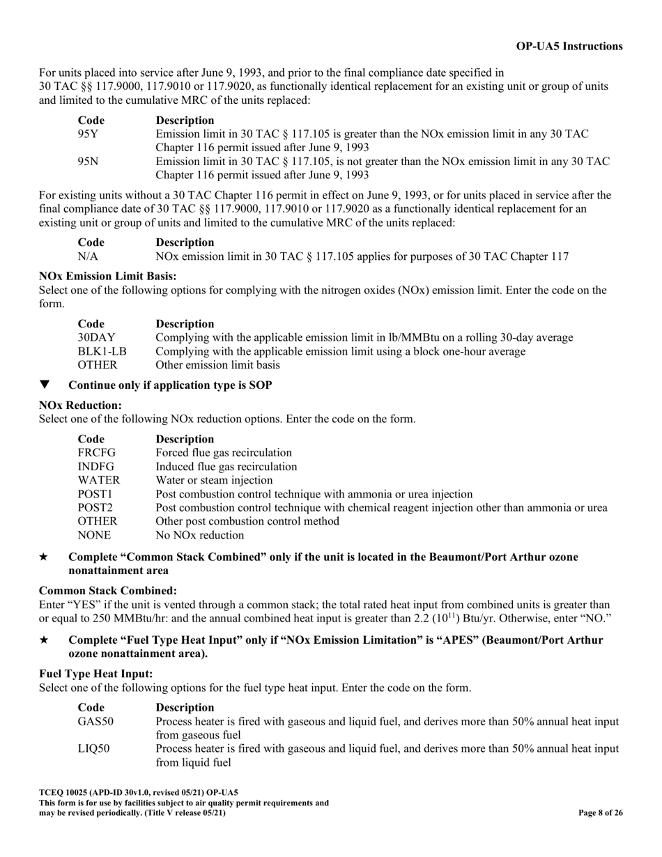 Form TCEQ-10025 (OP-UA5) Process Heater / Furnace Attributes - Texas, Page 8