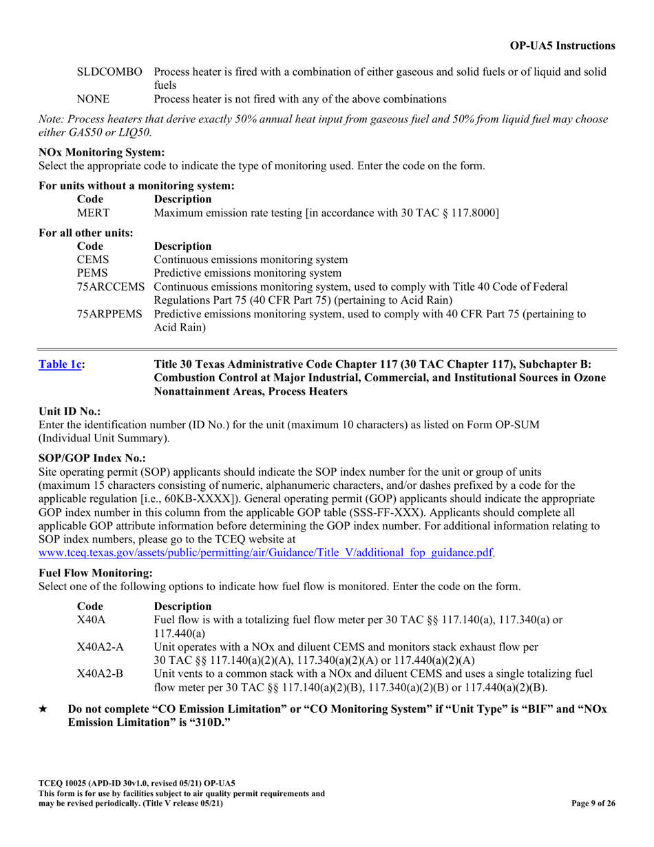 Form TCEQ-10025 (OP-UA5) Process Heater / Furnace Attributes - Texas, Page 9