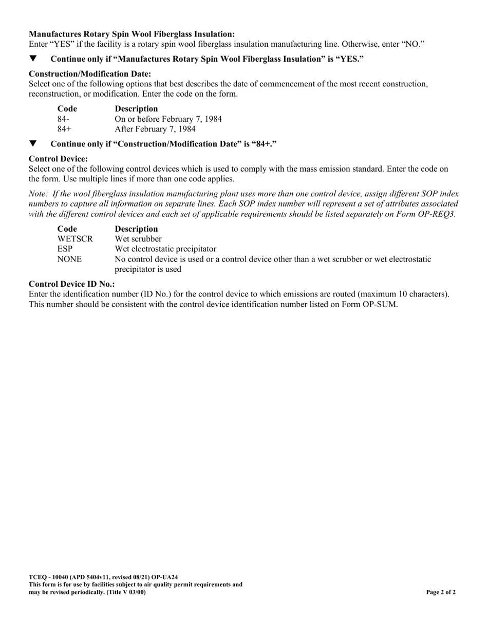 Form TCEQ-10040 (OP-UA24) Wool Fiberglass Insulation Manufacturing Plant Attributes - Texas, Page 2