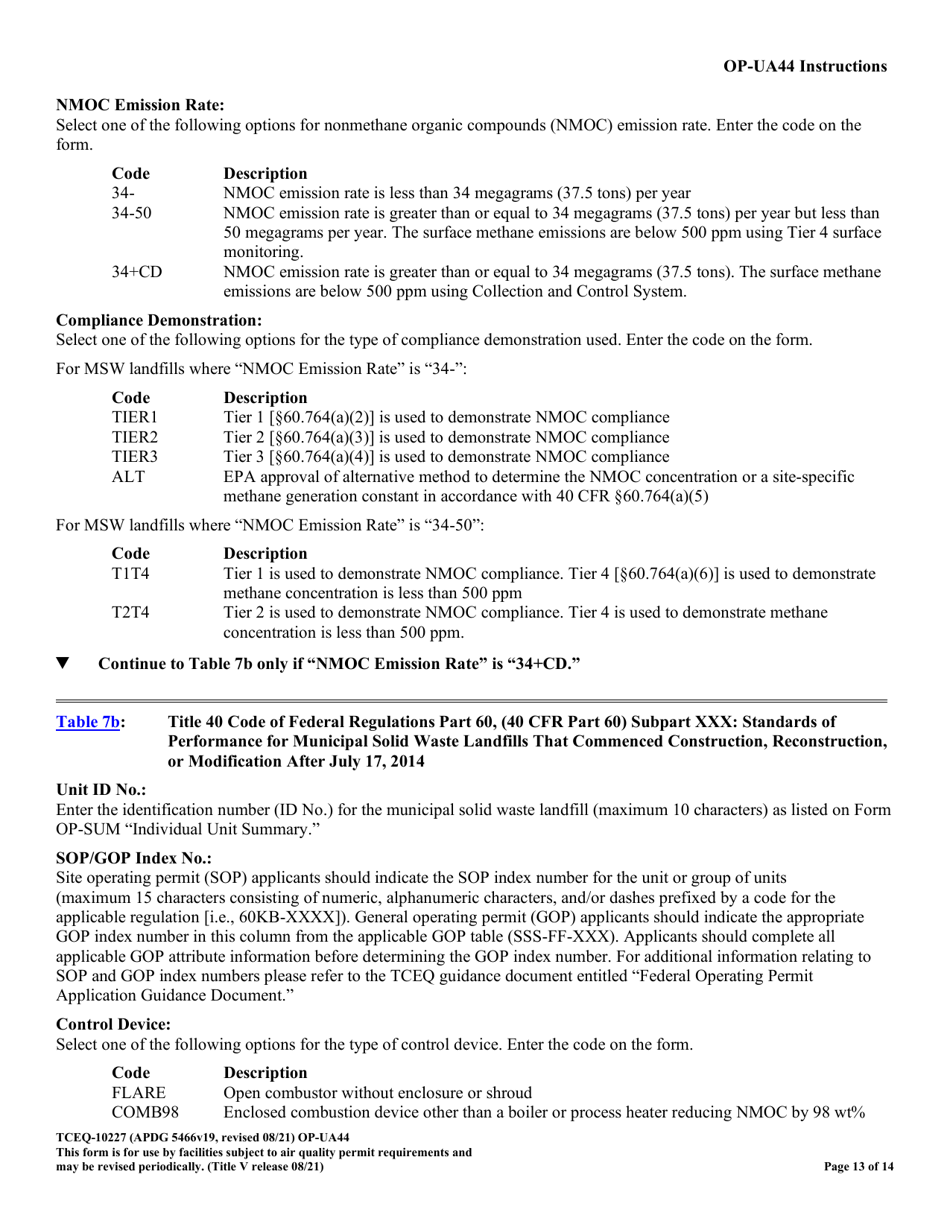 Form TCEQ-10227 (OP-UA44) Municipal Solid Waste Landfill / Waste Disposal Site Attributes - Texas, Page 13