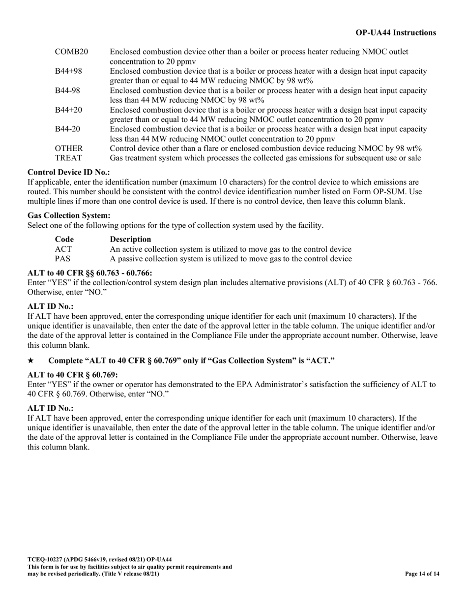 Form TCEQ-10227 (OP-UA44) Municipal Solid Waste Landfill / Waste Disposal Site Attributes - Texas, Page 14