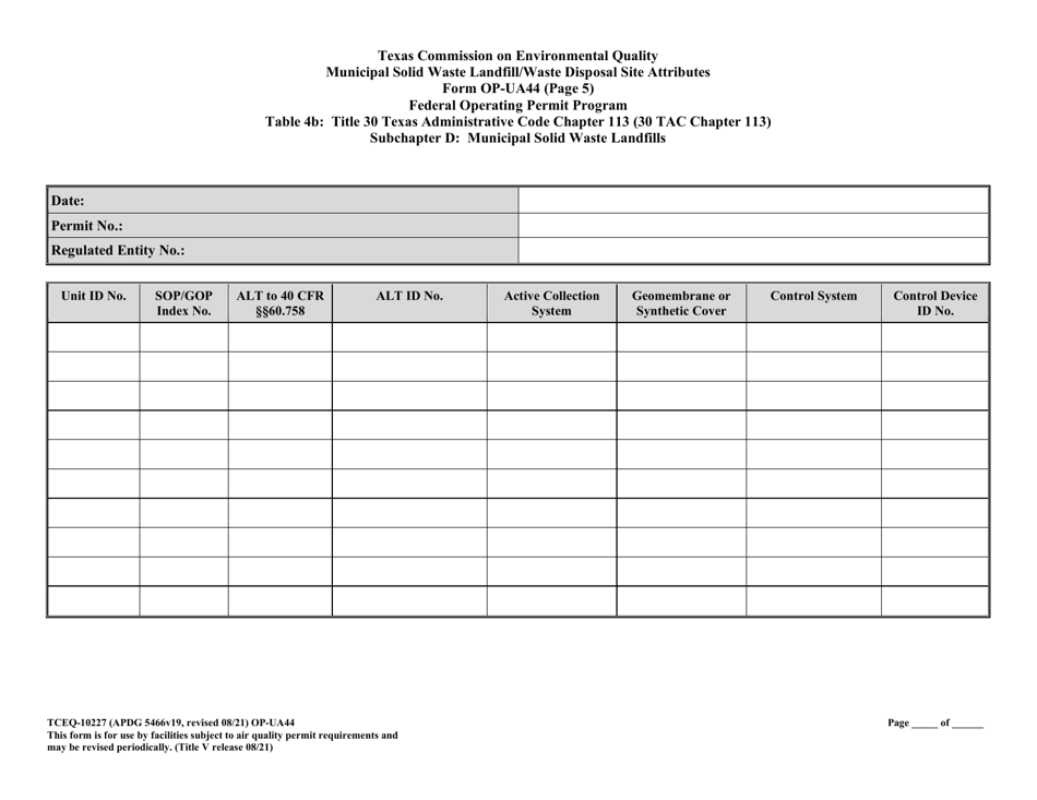 Form TCEQ-10227 (OP-UA44) Municipal Solid Waste Landfill / Waste Disposal Site Attributes - Texas, Page 19