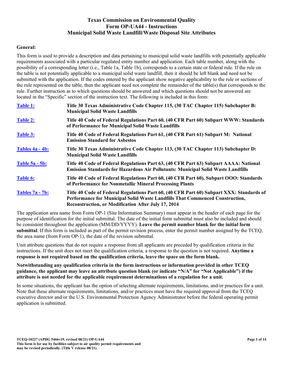 Form TCEQ-10227 (OP-UA44) Municipal Solid Waste Landfill / Waste Disposal Site Attributes - Texas, Page 1