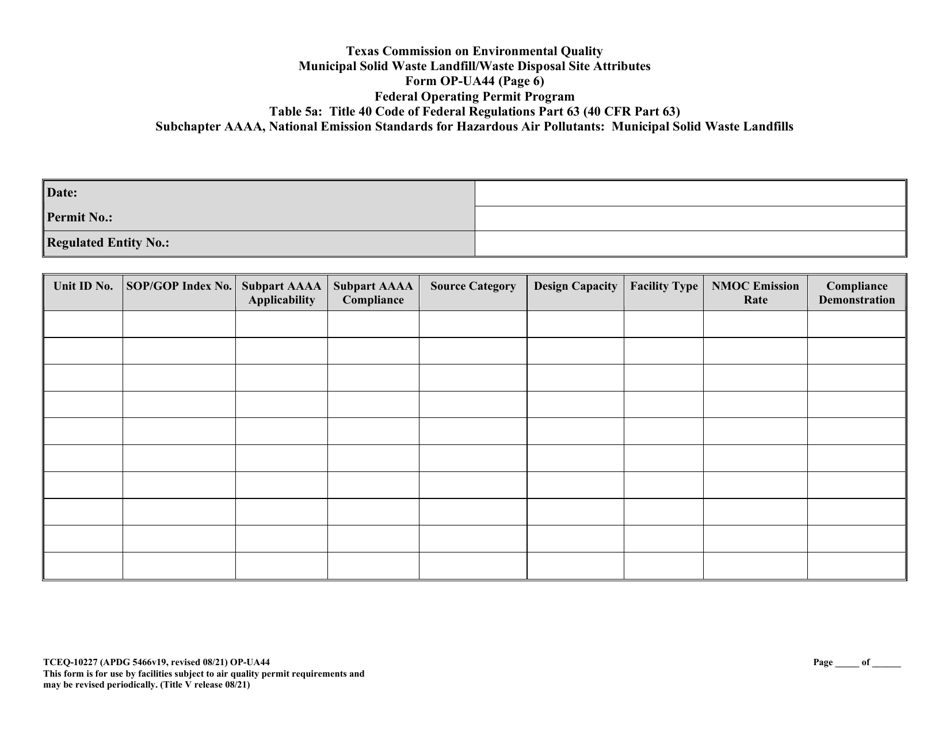 Form TCEQ-10227 (OP-UA44) Municipal Solid Waste Landfill / Waste Disposal Site Attributes - Texas, Page 20