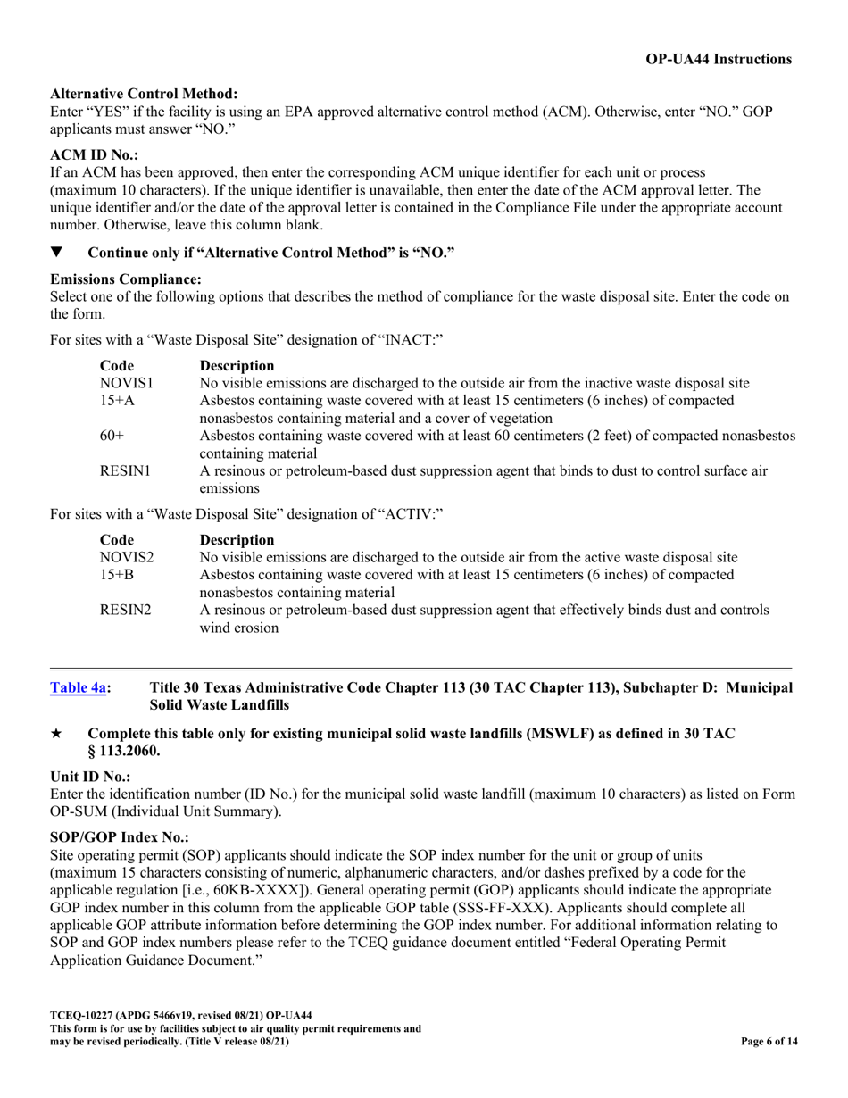 Form TCEQ-10227 (OP-UA44) Municipal Solid Waste Landfill / Waste Disposal Site Attributes - Texas, Page 6