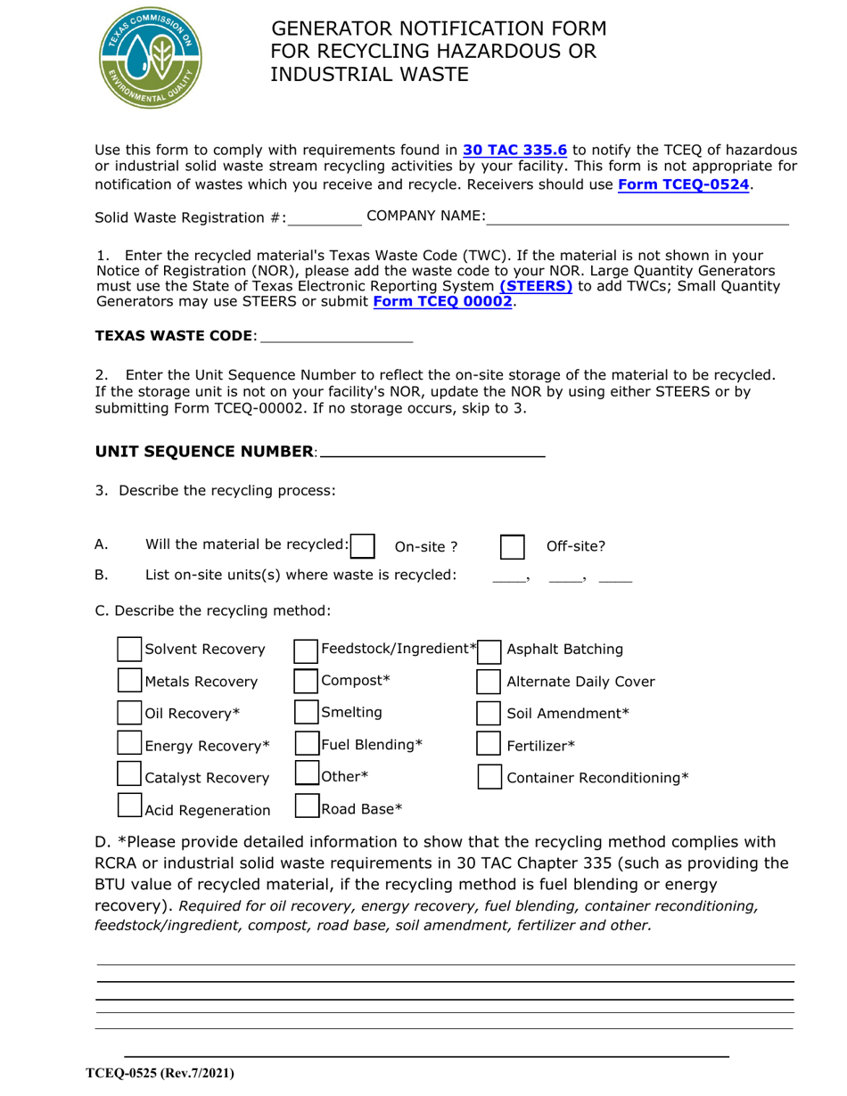 Form TCEQ-0525 Generator Notification Form for Recycling Hazardous or Industrial Waste - Texas, Page 1