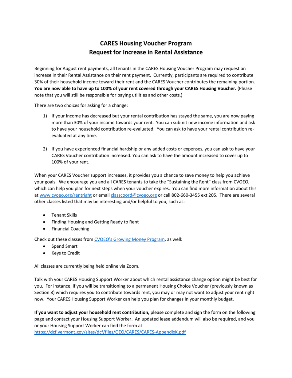 Vermont Request for Increase in Rental Assistance Cares Housing Voucher Program Fill Out
