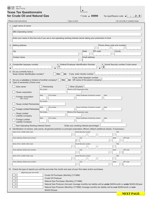 Form AP-134 Texas Tax Questionnaire for Crude Oil and Natural Gas - Texas