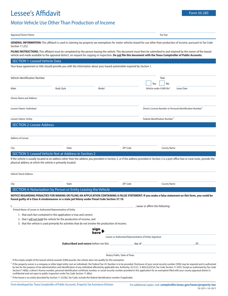 Form 50-285 Lessees Affidavit for Motor Vehicle Use Other Than Production of Income - Texas, Page 1
