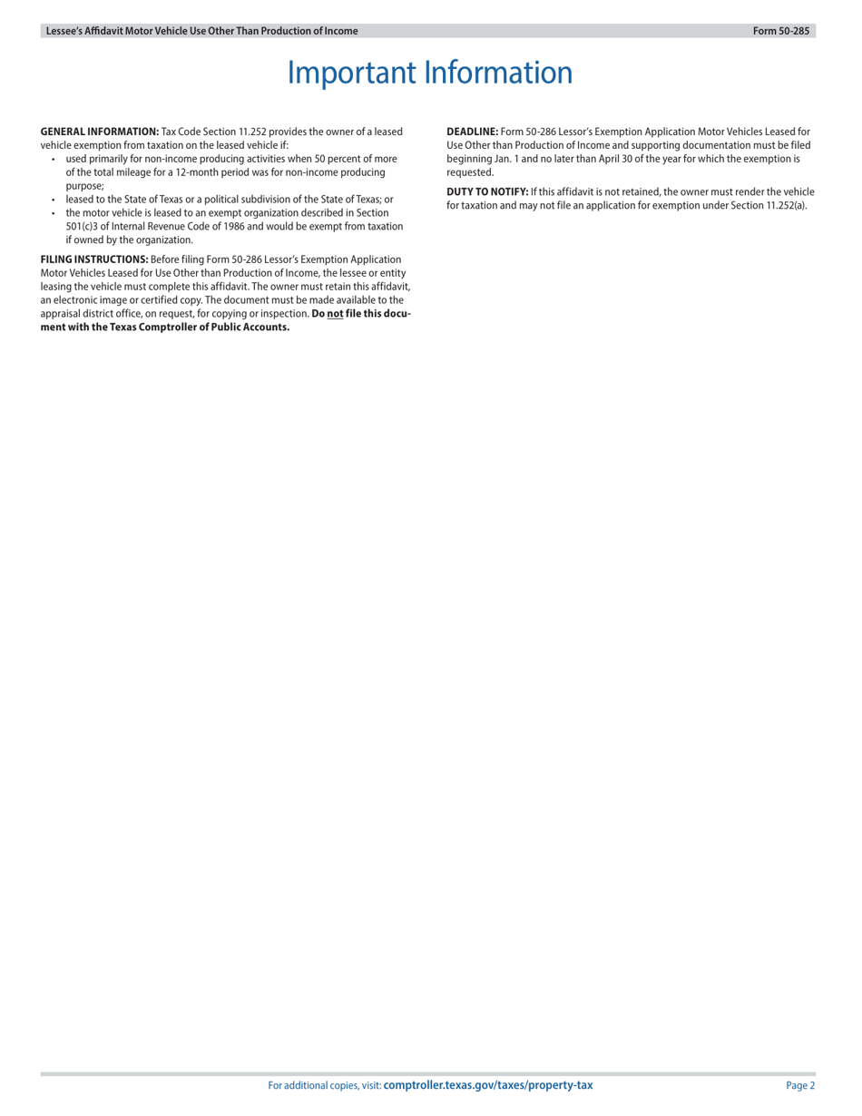 Form 50-285 Lessees Affidavit for Motor Vehicle Use Other Than Production of Income - Texas, Page 2