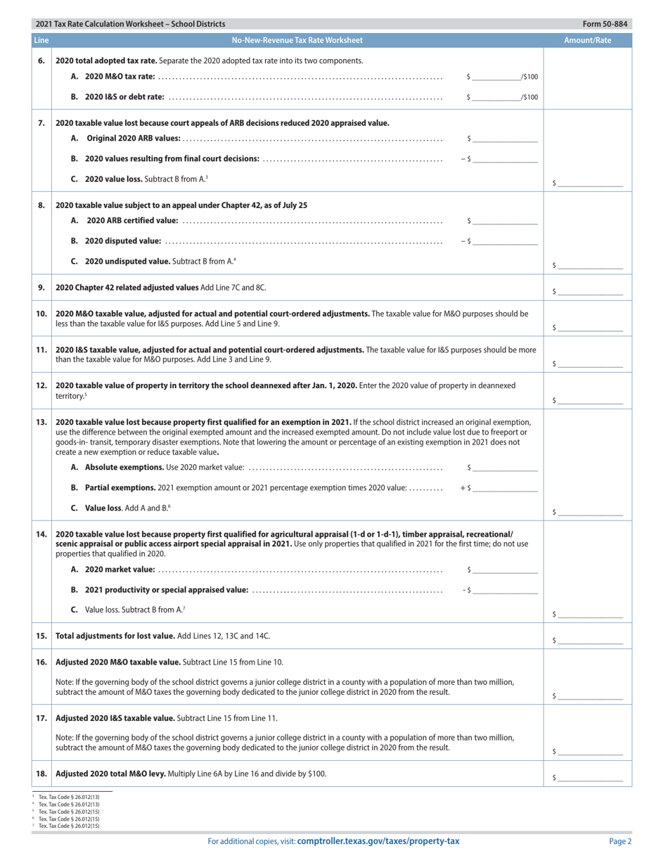 Form 50-884 Tax Rate Calculation Worksheet - School Districts With Chapter 313 Agreements - Texas, Page 2