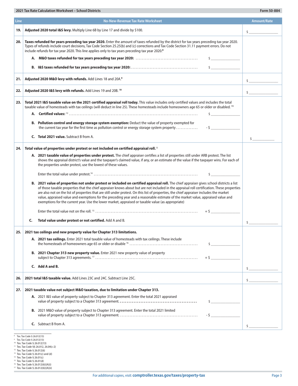 Form 50-884 Tax Rate Calculation Worksheet - School Districts With Chapter 313 Agreements - Texas, Page 3