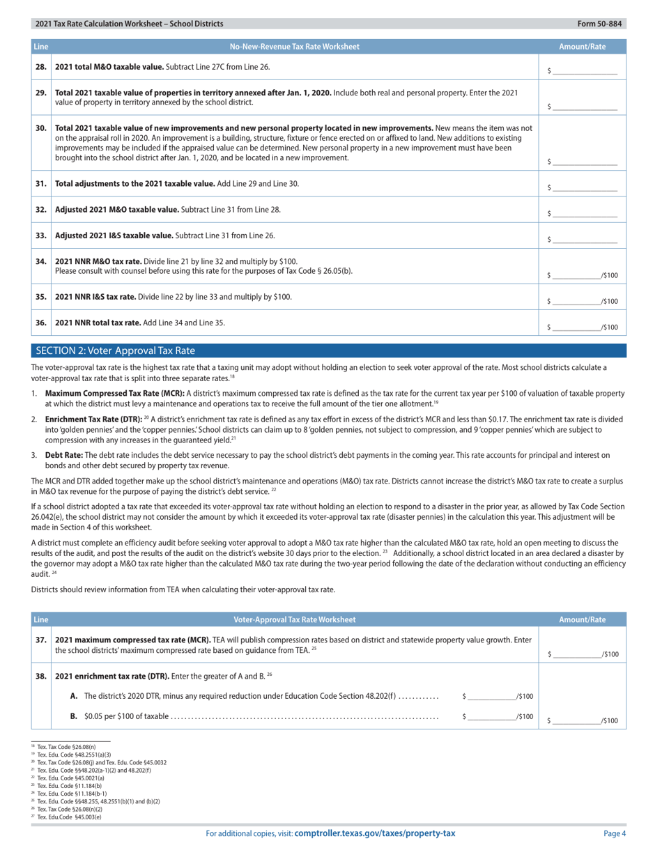 Form 50-884 Tax Rate Calculation Worksheet - School Districts With Chapter 313 Agreements - Texas, Page 4
