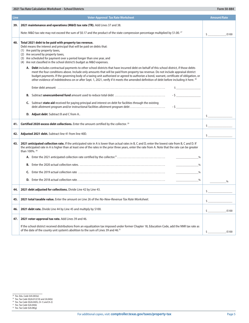 Form 50-884 Tax Rate Calculation Worksheet - School Districts With Chapter 313 Agreements - Texas, Page 5