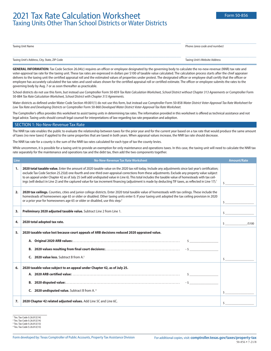 Form 50-856 Tax Rate Calculation Worksheet - Taxing Units Other Than School Districts or Water Districts - Texas, Page 1
