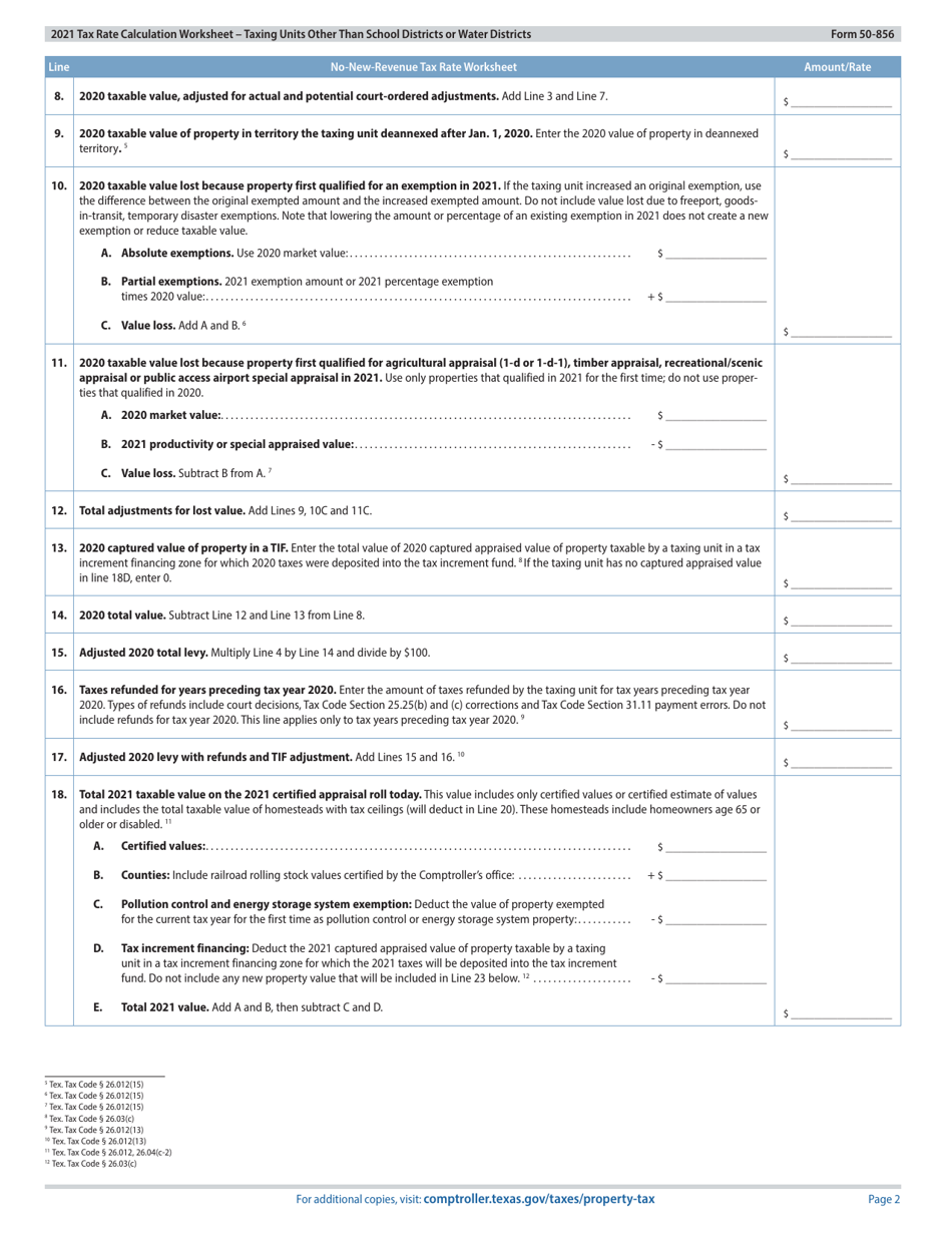 Form 50-856 Tax Rate Calculation Worksheet - Taxing Units Other Than School Districts or Water Districts - Texas, Page 2