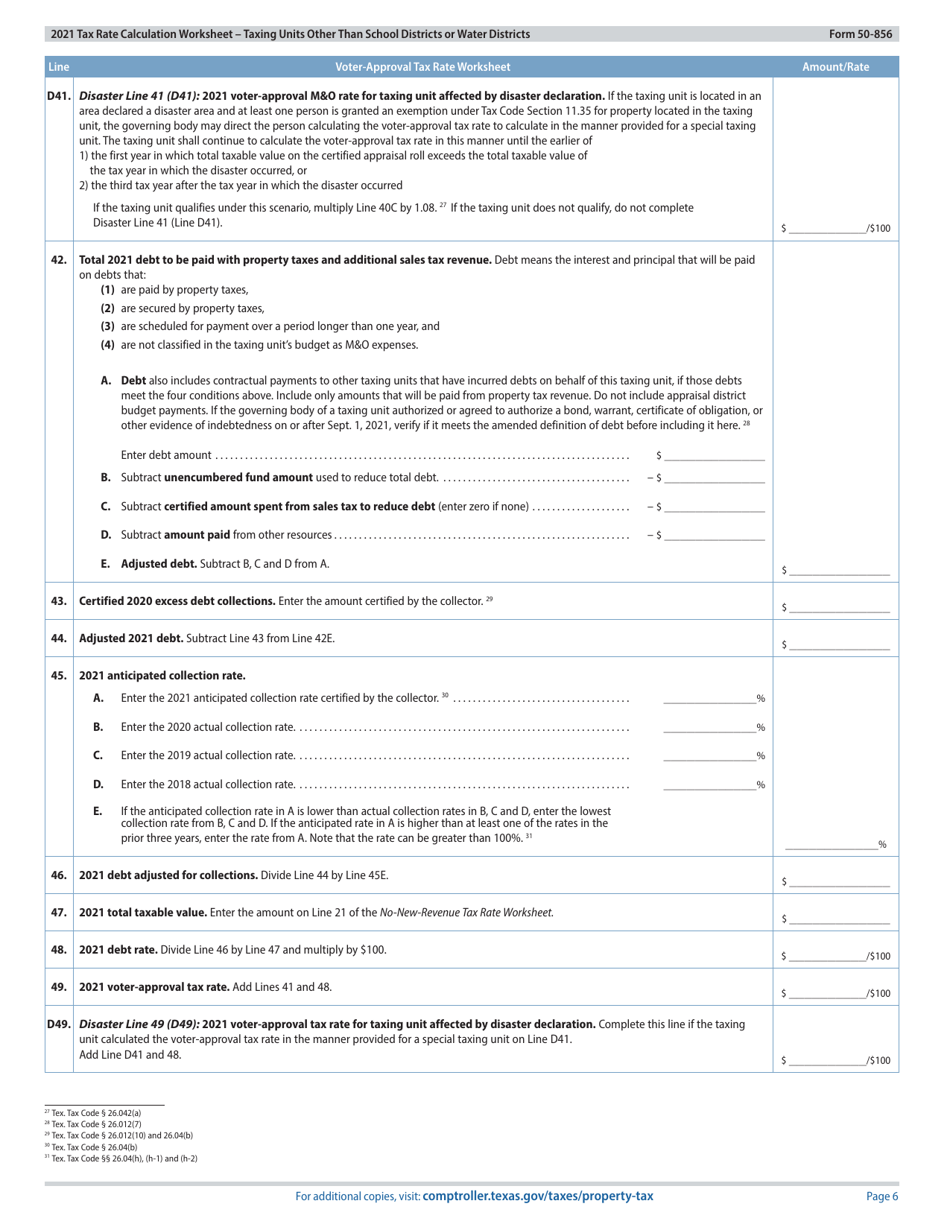 Form 50-856 Tax Rate Calculation Worksheet - Taxing Units Other Than School Districts or Water Districts - Texas, Page 6