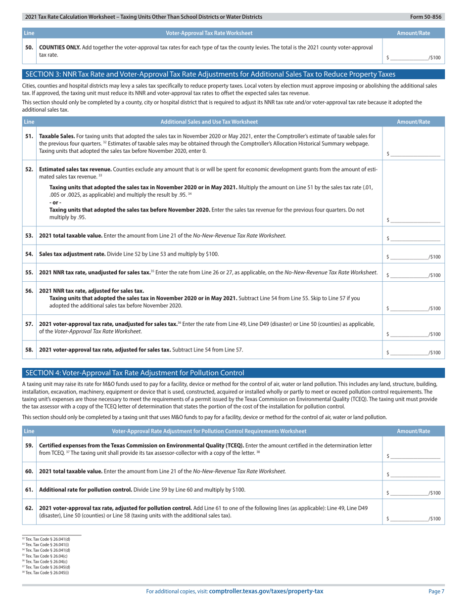 Form 50-856 Tax Rate Calculation Worksheet - Taxing Units Other Than School Districts or Water Districts - Texas, Page 7