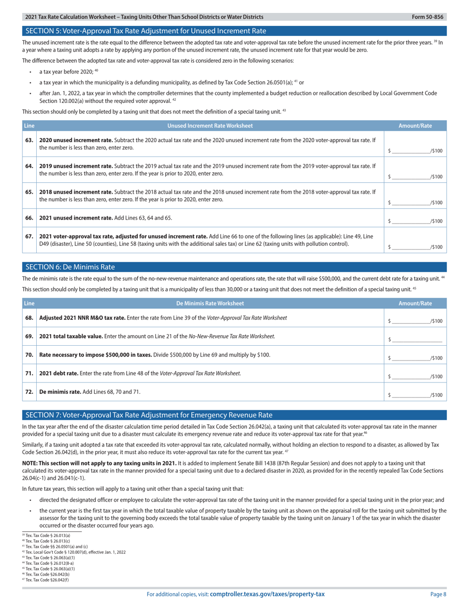 Form 50-856 Tax Rate Calculation Worksheet - Taxing Units Other Than School Districts or Water Districts - Texas, Page 8