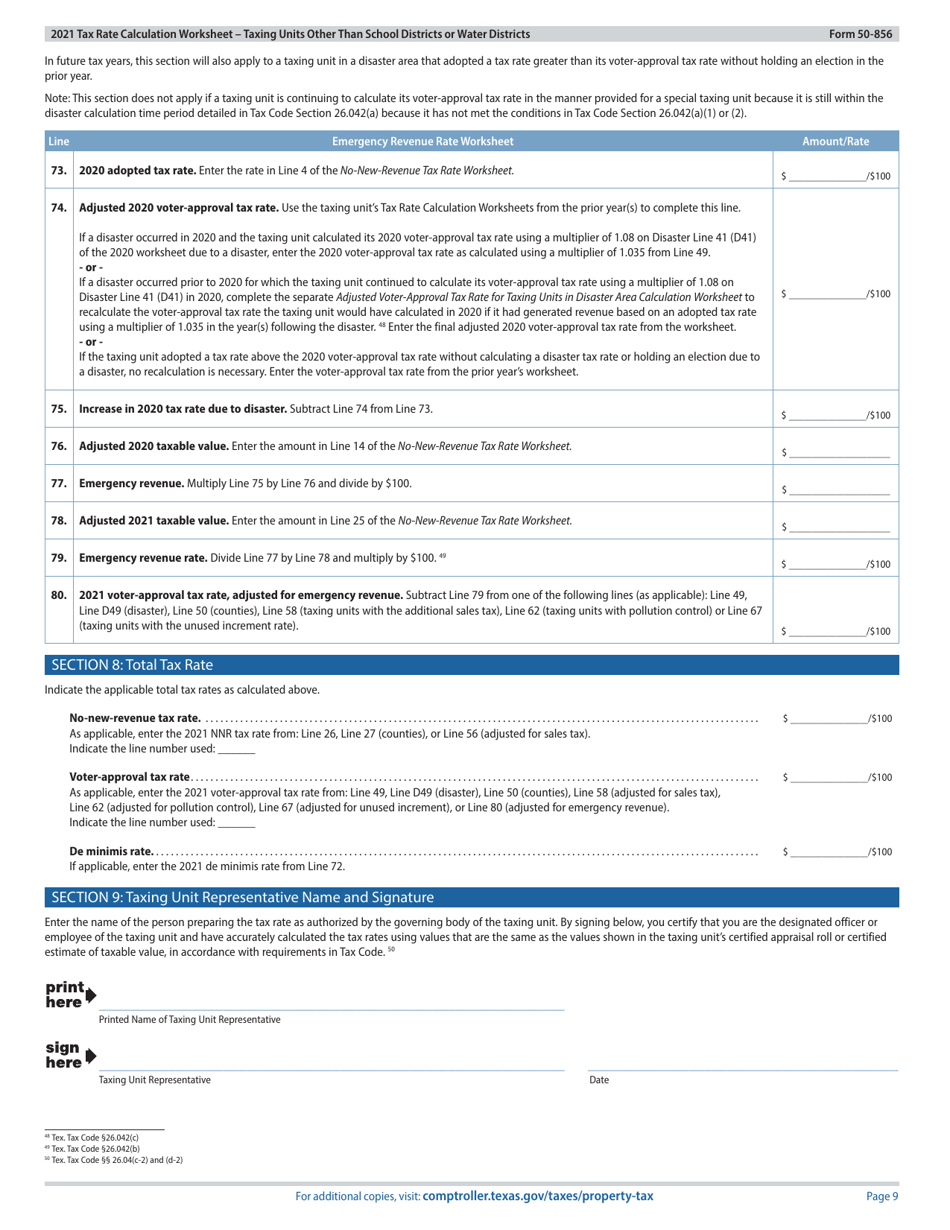 Form 50-856 Tax Rate Calculation Worksheet - Taxing Units Other Than School Districts or Water Districts - Texas, Page 9