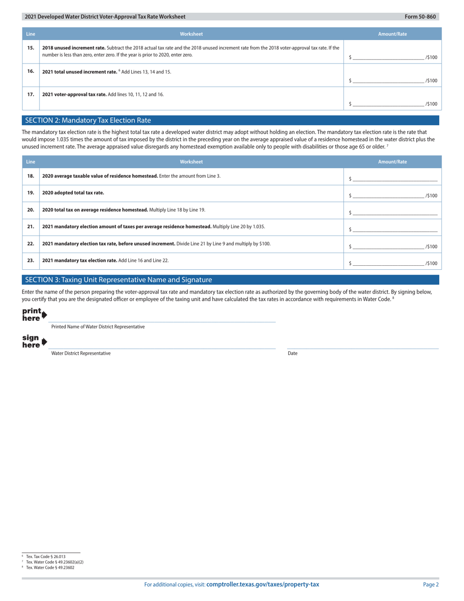 Form 50-860 Developed Water District Voter-Approval Tax Rate Worksheet - Texas, Page 2