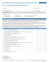 Document preview: Form 50-858 Water District Voter-Approval Tax Rate Worksheet for Low Tax Rate and Devloping Districts - Texas