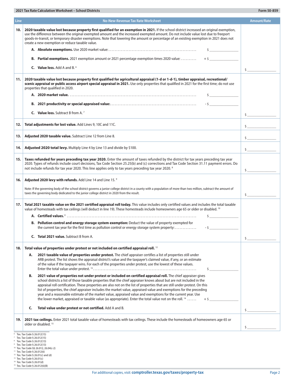 Form 50-859 Tax Rate Calculation Worksheet - School Districts Without Chapter 313 Agreements - Texas, Page 2