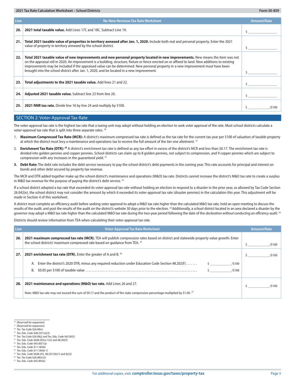 Form 50-859 Tax Rate Calculation Worksheet - School Districts Without Chapter 313 Agreements - Texas, Page 3