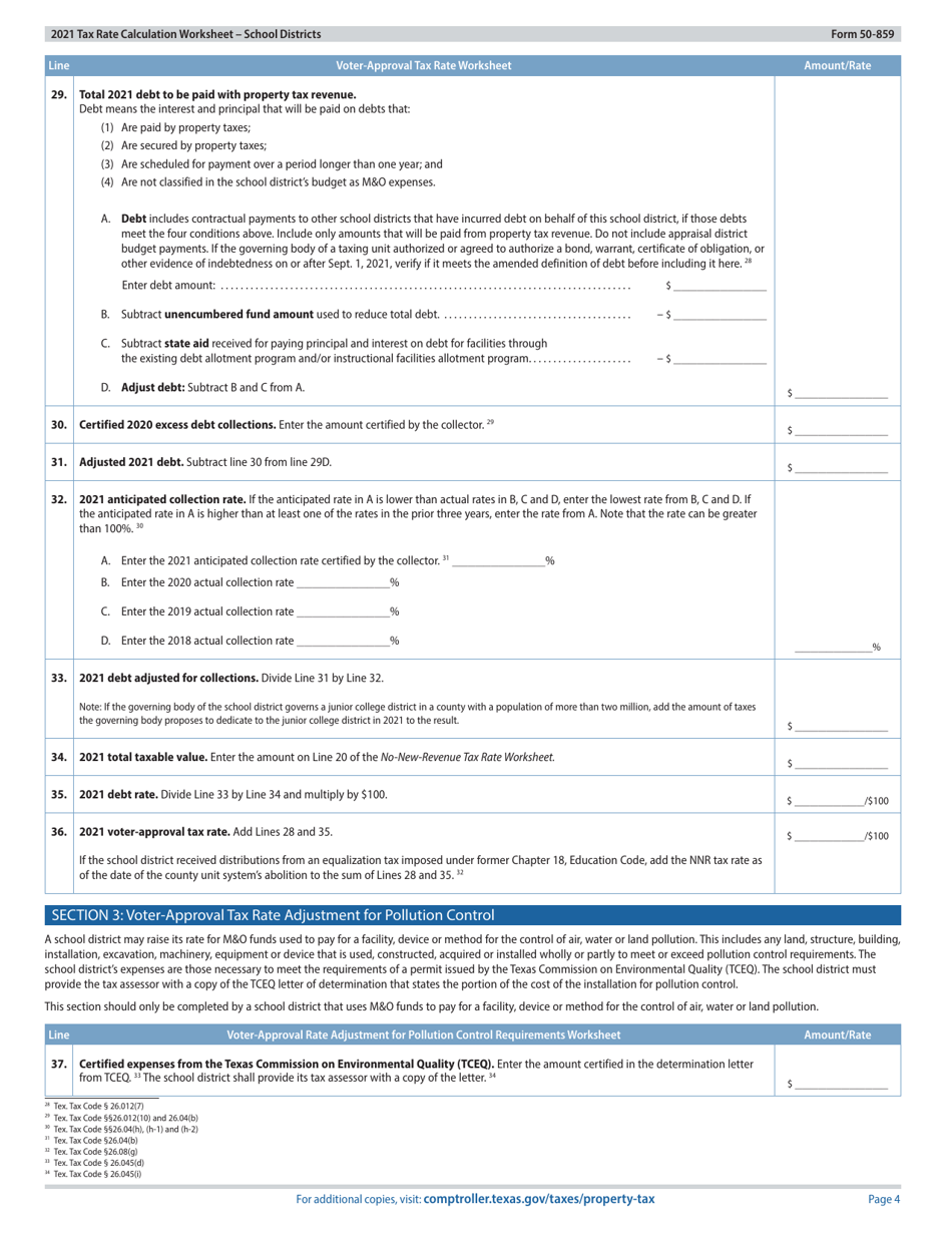Form 50-859 Tax Rate Calculation Worksheet - School Districts Without Chapter 313 Agreements - Texas, Page 4