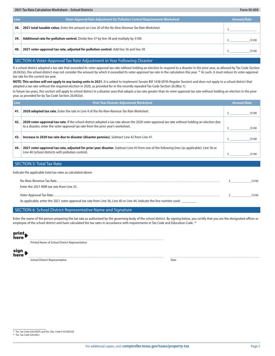 Form 50-859 Tax Rate Calculation Worksheet - School Districts Without Chapter 313 Agreements - Texas, Page 5