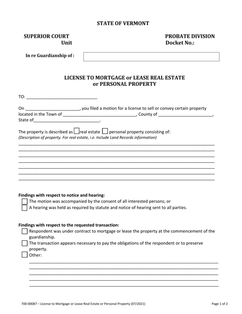 Document preview: Form 700-00087 License to Mortgage or Lease Real Estate or Personal Property - Vermont