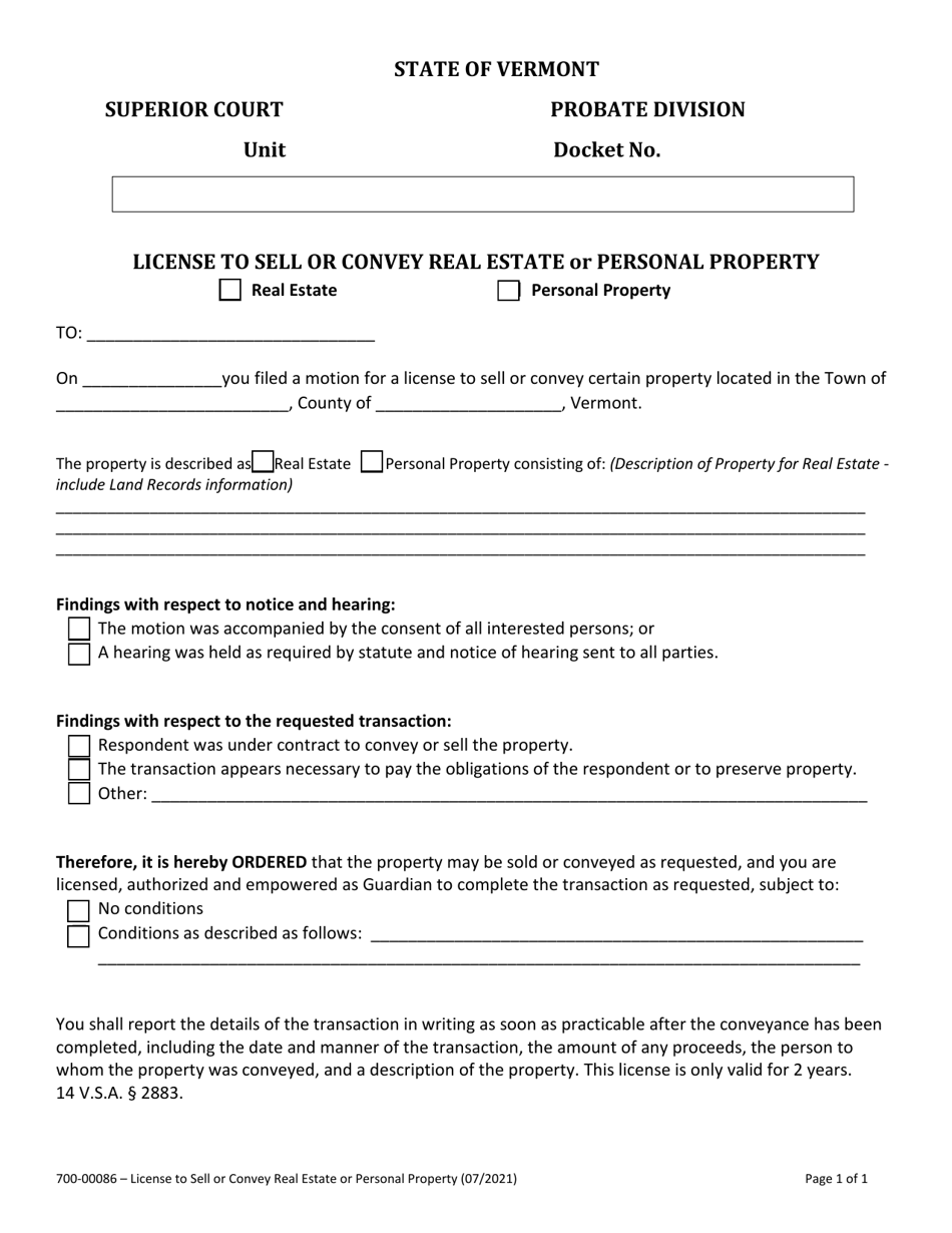 Form 700-00086 License to Sell or Convey Real Estate or Personal Property - Vermont, Page 1