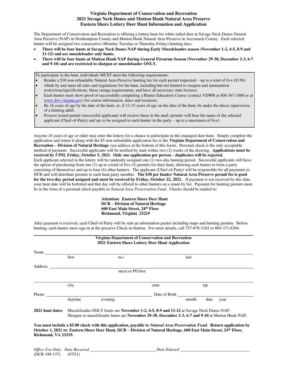 Form DCR199-137 Eastern Shore Lottery Deer Hunt Application - Virginia, Page 1