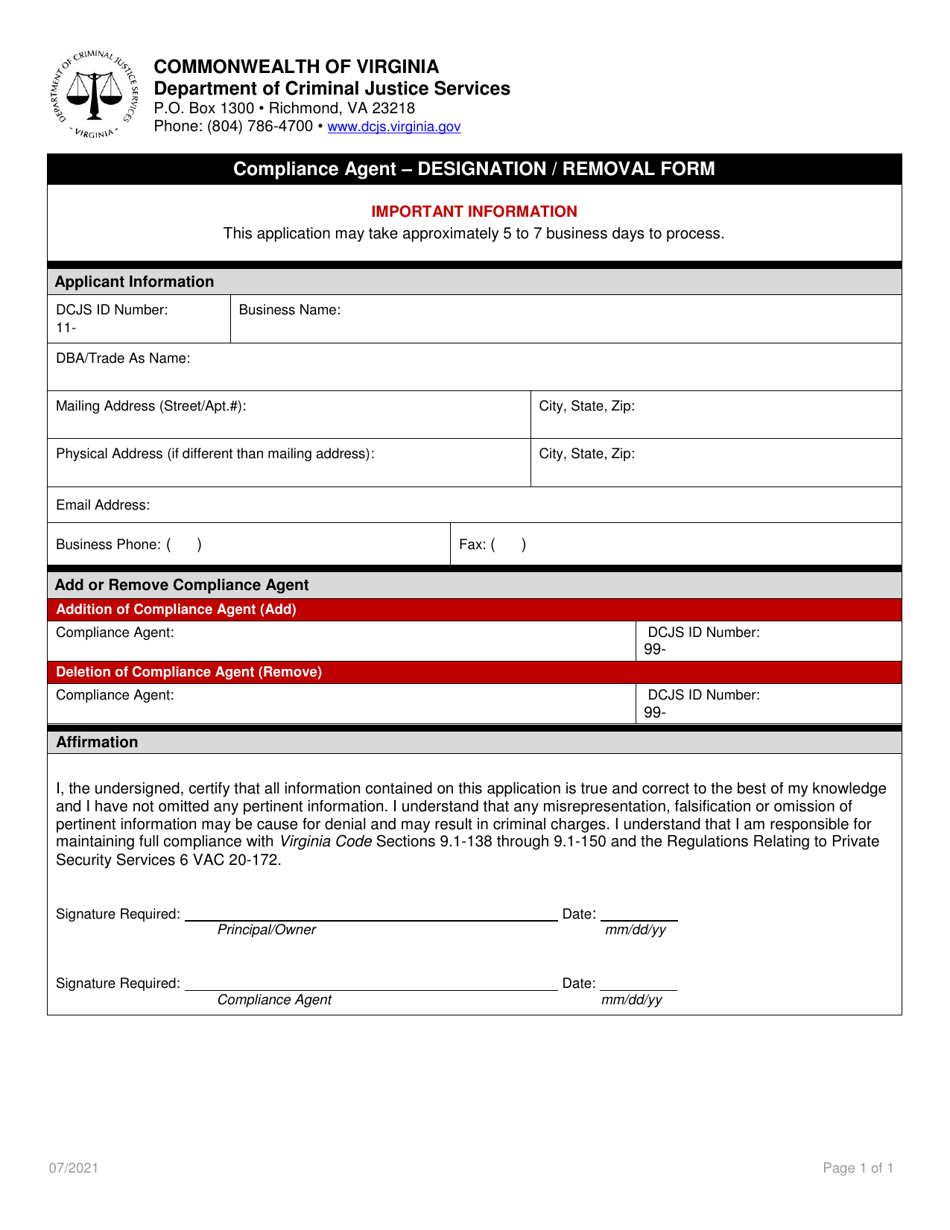 Compliance Agent - Designation / Removal Form - Virginia, Page 1